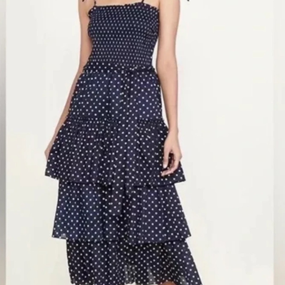 NWT Tory Burch Navy Blue Polka Dot Tiered Ruffled Dress SMALL